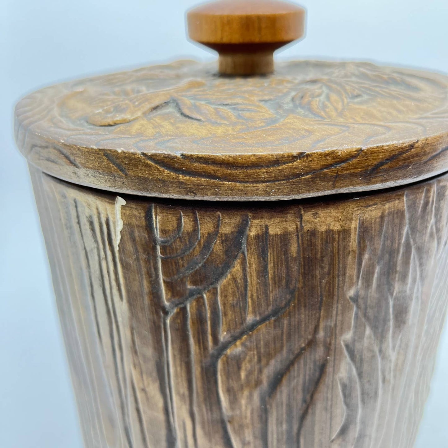 1960s Treasure Craft Owl Flour Canister Ceramic Brown Wood Grain USA TE8