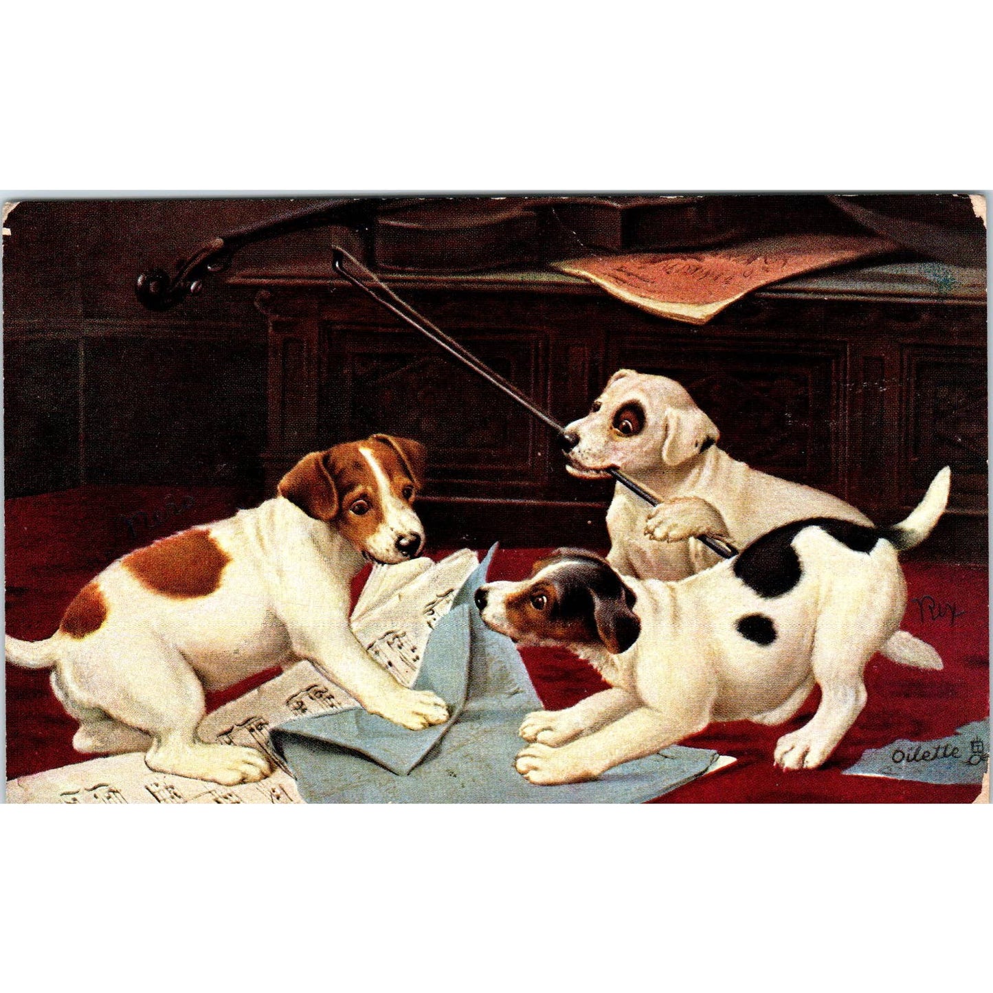 Puppies/Dogs Playing with Sheet Music Raphael Tuck Original Postcard TK1-27