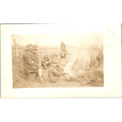 Antique Postcard RPPC WWI Soldiers Servicemen Around Campfire SE8