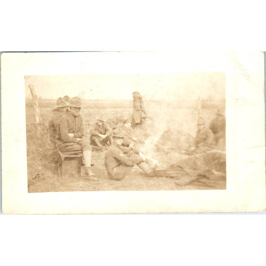 Antique Postcard RPPC WWI Soldiers Servicemen Around Campfire SE8