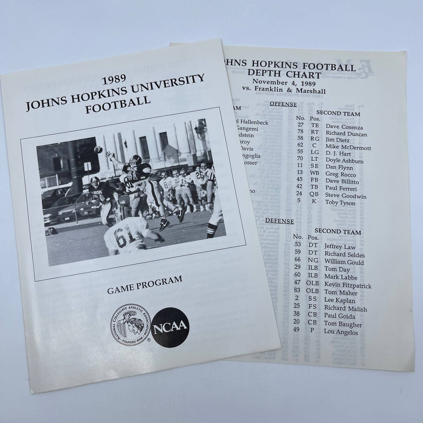 1989 Nov. 4 Johns Hopkins Football Program w/ Depth Chart Insert AC8