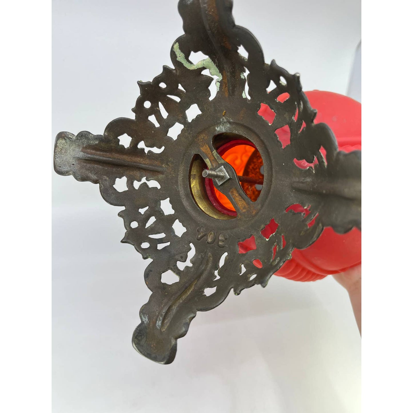 Antique Red Satin Glass and Brass Gone With the Wind Lamp Base LB2