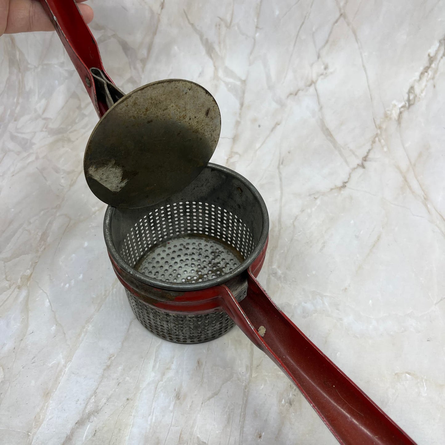 Vintage Kitchen - Red Enamel Potato Rice Ricer Masher - 1950's TC9