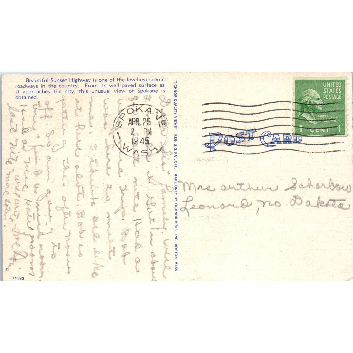 Vintage Postcard Sunset Highway Approach to Spokane Washington TD9-W2