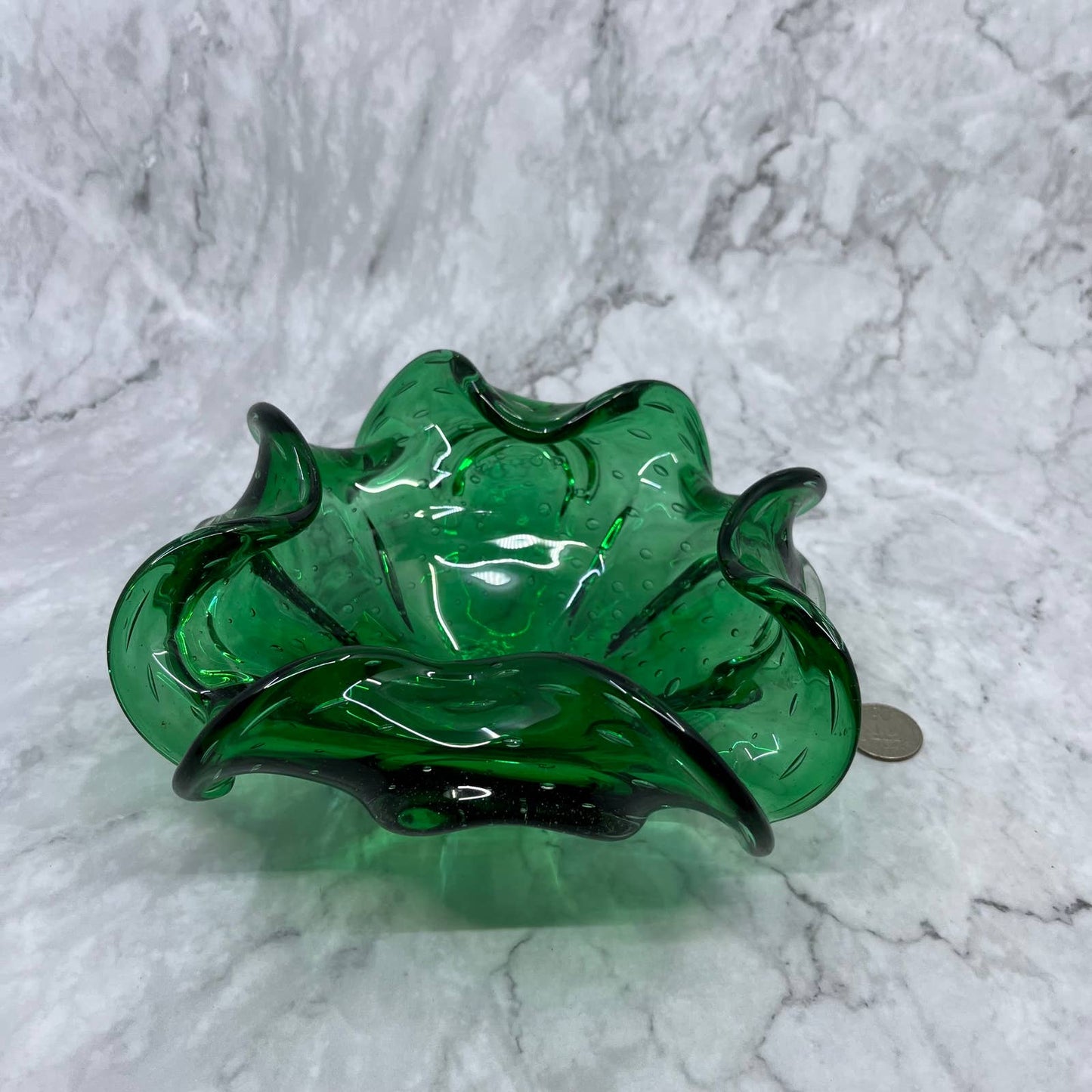 Vintage Emerald Green Swirly Murano Art Glass Bowl Heavy Glass 7" TA2