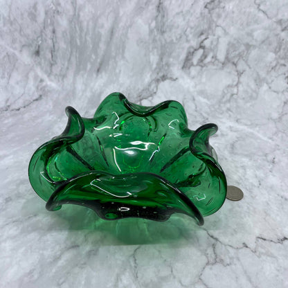 Vintage Emerald Green Swirly Murano Art Glass Bowl Heavy Glass 7" TA2