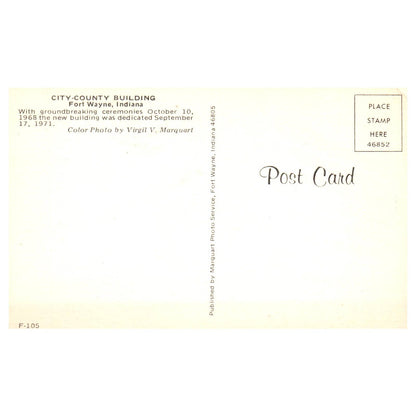 Vintage Postcard - City-County Building Fort Wayne Indiana 1971 AD9