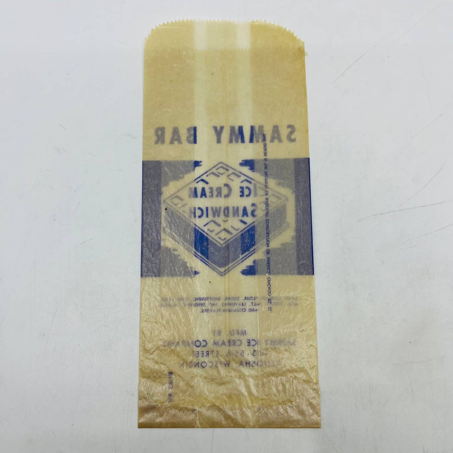 1930s Sammy Bar Bag Ice Cream Sandwich Wrapper Kenosha Wisconsin C12