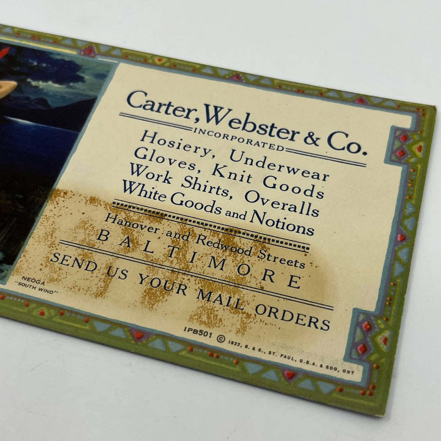 1922 Blotter Card Carter, Webster & Co Baltimore MD Negoa Native Indian Girl SC5