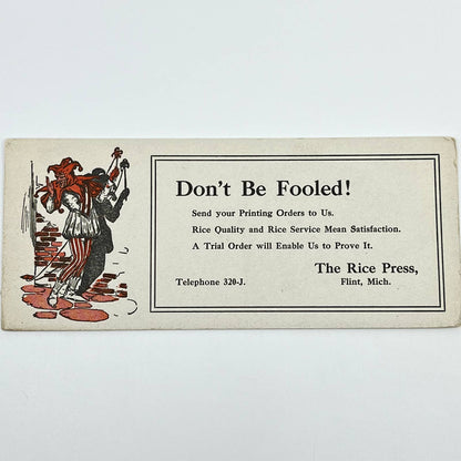 1910s Blotter Card The Rice Press Don’t Be Fooled Jester Joker Flint MI SC8