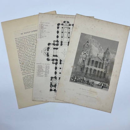 1836 Original Art Engraving St. Paul's Cathedral West View Floor Plan & Bio TG6