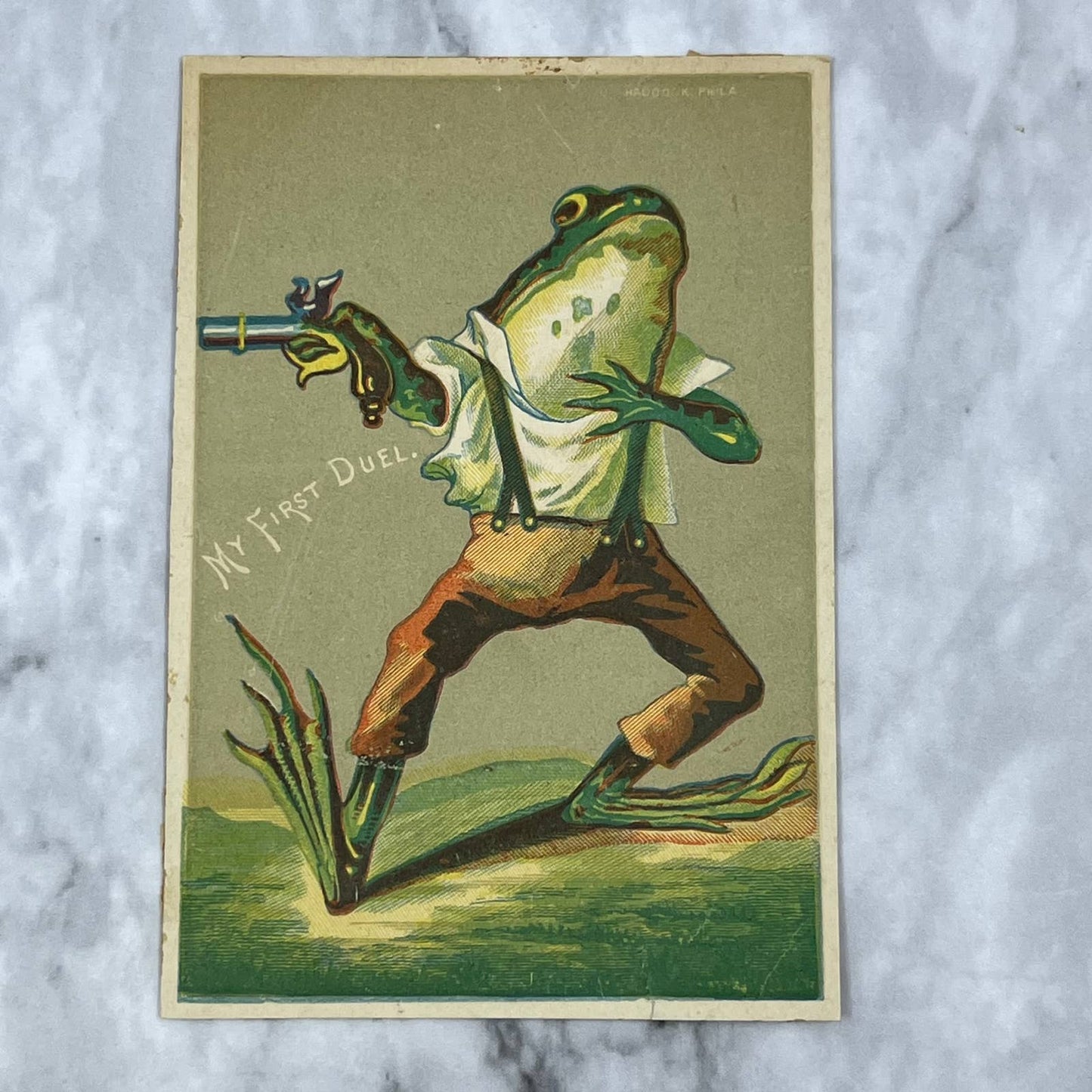 1880s Victorian Trade Card Anthropomorphic Frog's First Duel EA4