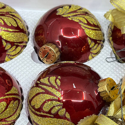 Visions by HOLLY 16 Vintage 2 5/8" Glass Ornaments Box Red Stencil Gold OT1