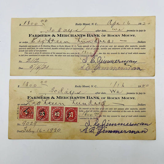 1920 Bank Check Farmers Merchants Bank of Rocky Mount NC JB Zimmerman Set 2 AA5