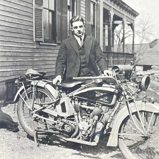 c1920 RPPC Man Posing with Early Excelsior Henderson Motorcycle SC5