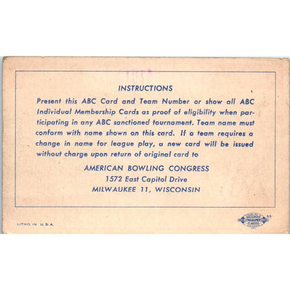 1953 American Bowling Congress Milwaukee Card Walker Lodge K of P 123 SE5-52