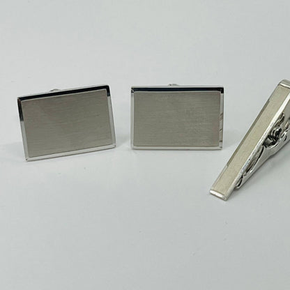 Vintage MCM Chrome Brushed Cufflinks & Tie Clip Set SB2