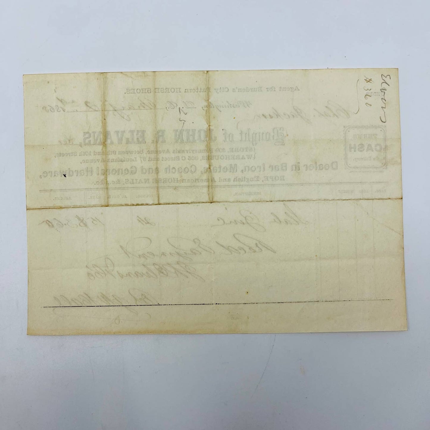 1865 John R. Elvans 309 Pennsylvania Ave Washington D.C. Letterhead Billhead AA5