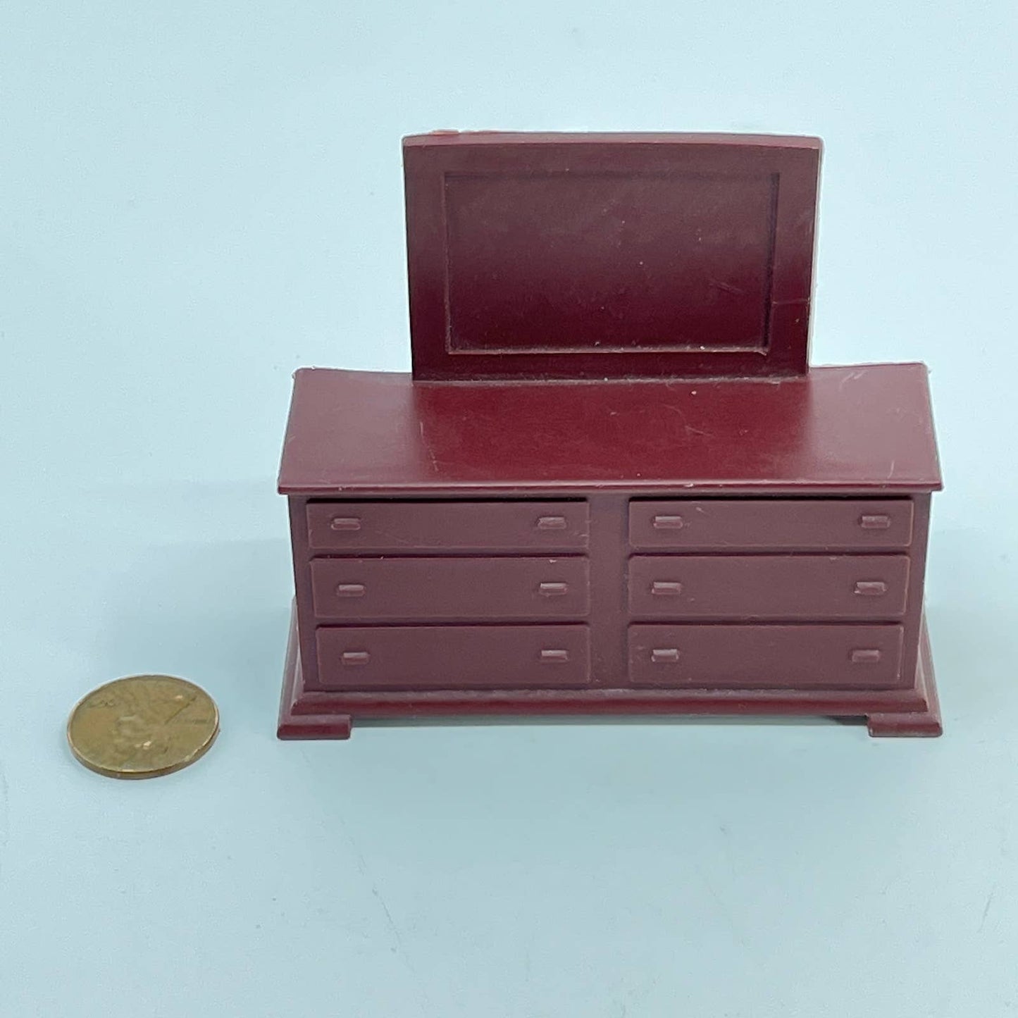 1950s MCM Dollhouse Furniture Brown Dresser & Mirror 3x2.75” TE7