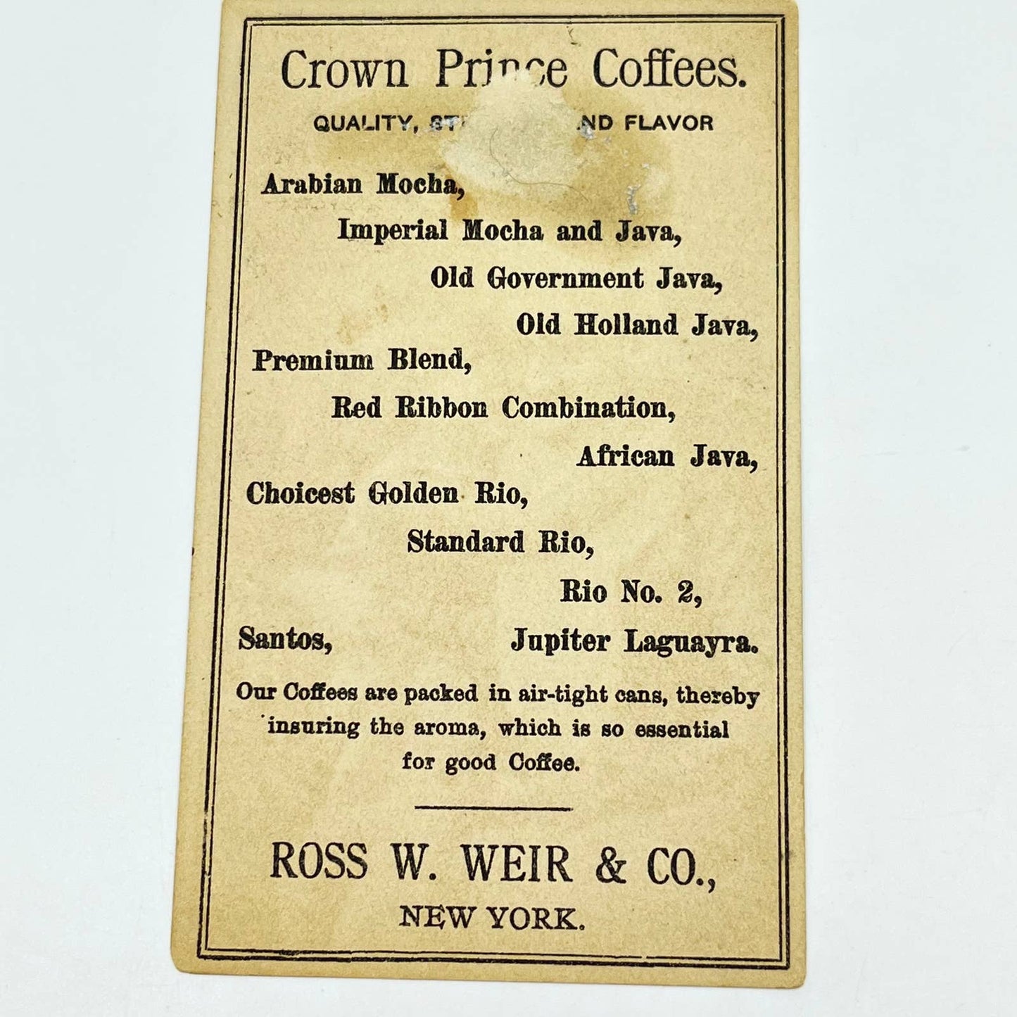 1880s Victorian Trade Card Grandma Drinks Crown Prince Coffees Ross Weir NY SC8