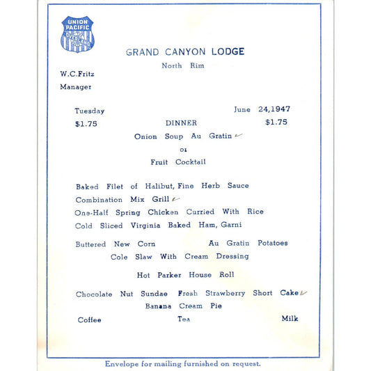 Vintage 1947 Grand Canyon Lodge North Rim Dinner Menu AD7