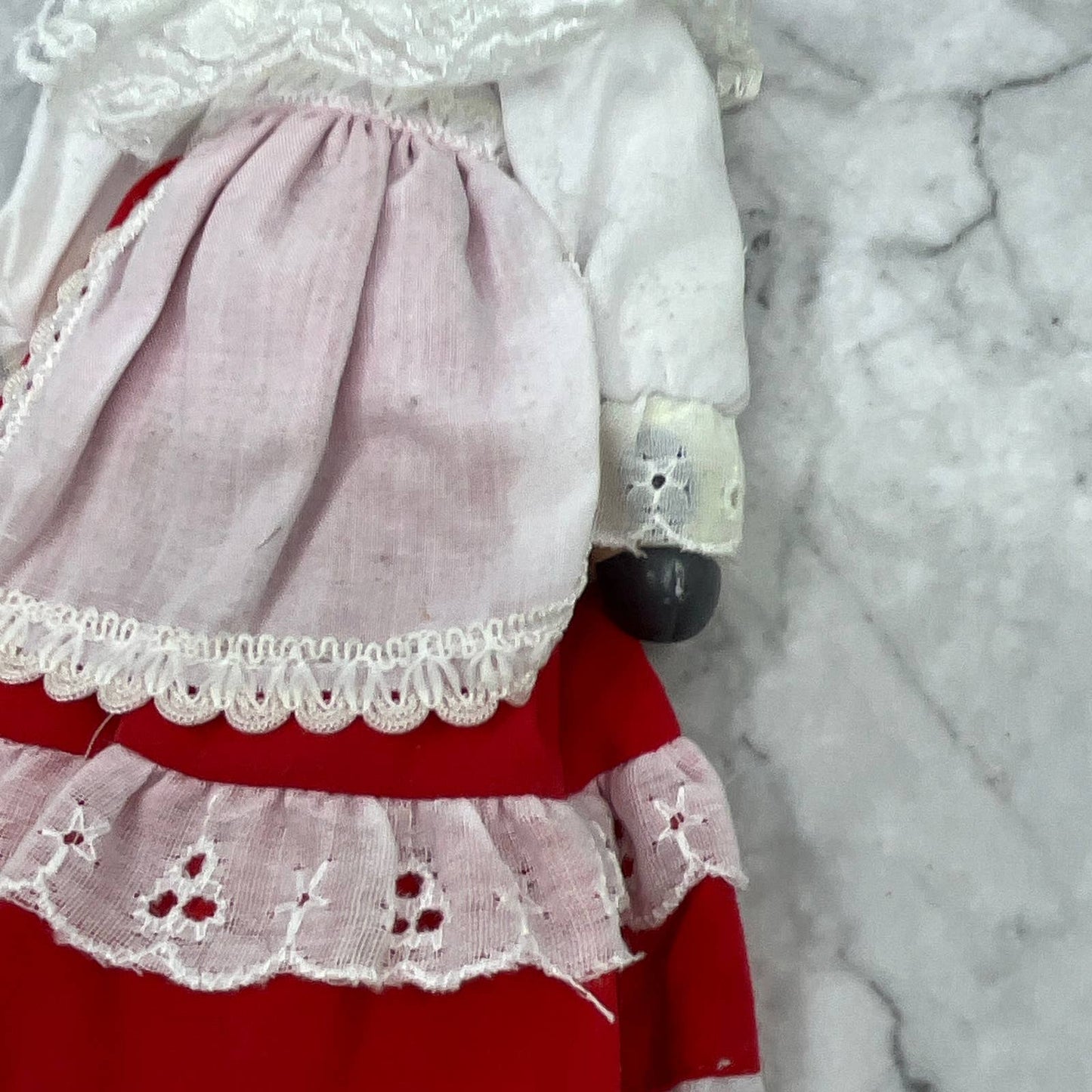 VTG BLACK & WHITE HOLSTEIN COW DOLL country lace dress w/ apron Ceramic Head TI7