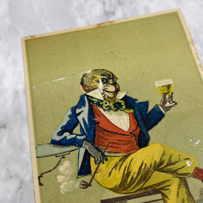 1880s Victorian Trade Card Toxicated Anthropomorphic Monkey Morning Drink EA4