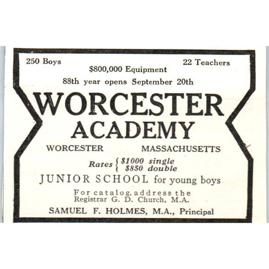 Worcester Academy Samuel F. Holmes MA - 1921 Original Ad TJ7-S7