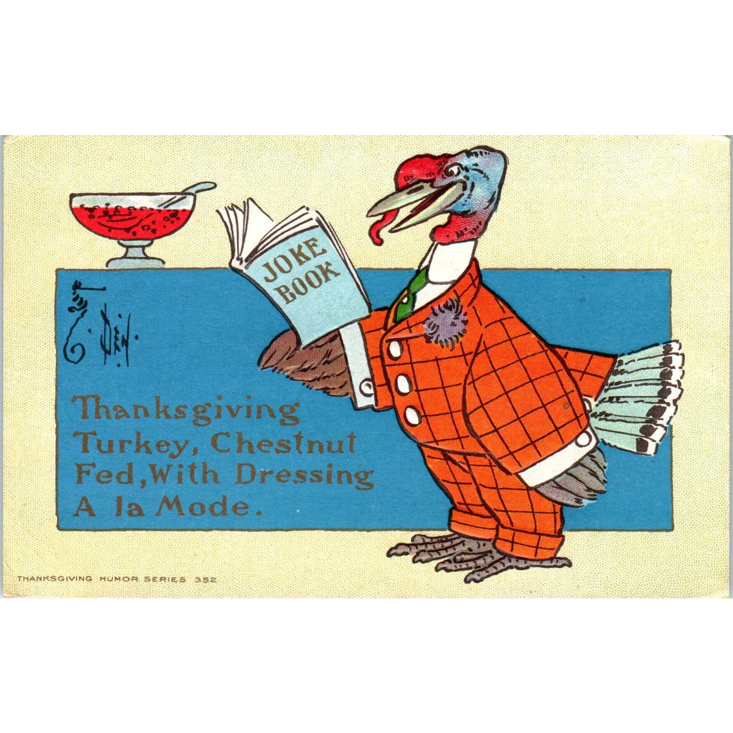 Thanksgiving Turkey Reading Joke Book in Suit Humor c1910 Postcard TK1-22