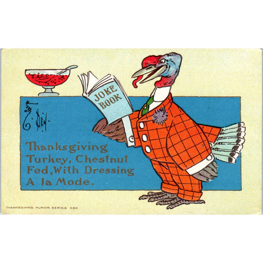 Thanksgiving Turkey Reading Joke Book in Suit Humor c1910 Postcard TK1-22