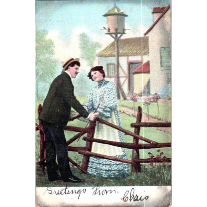 Courting Couple at Fence Romance 1906 Victorian Tinted Original Postcard P2-8