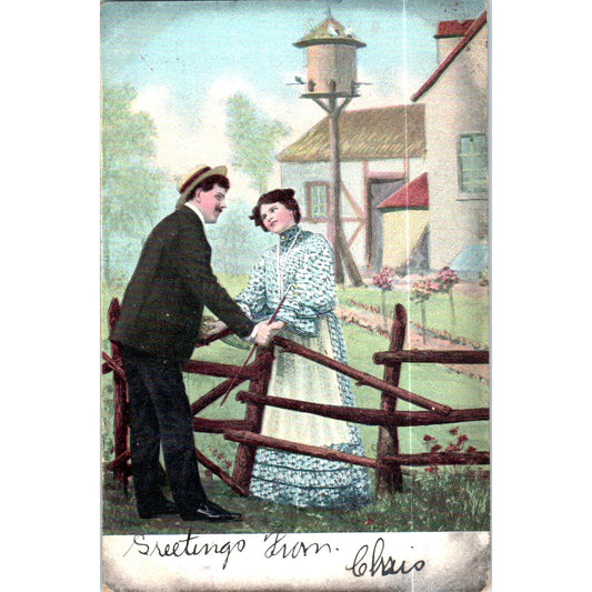 Courting Couple at Fence Romance 1906 Victorian Tinted Original Postcard P2-8