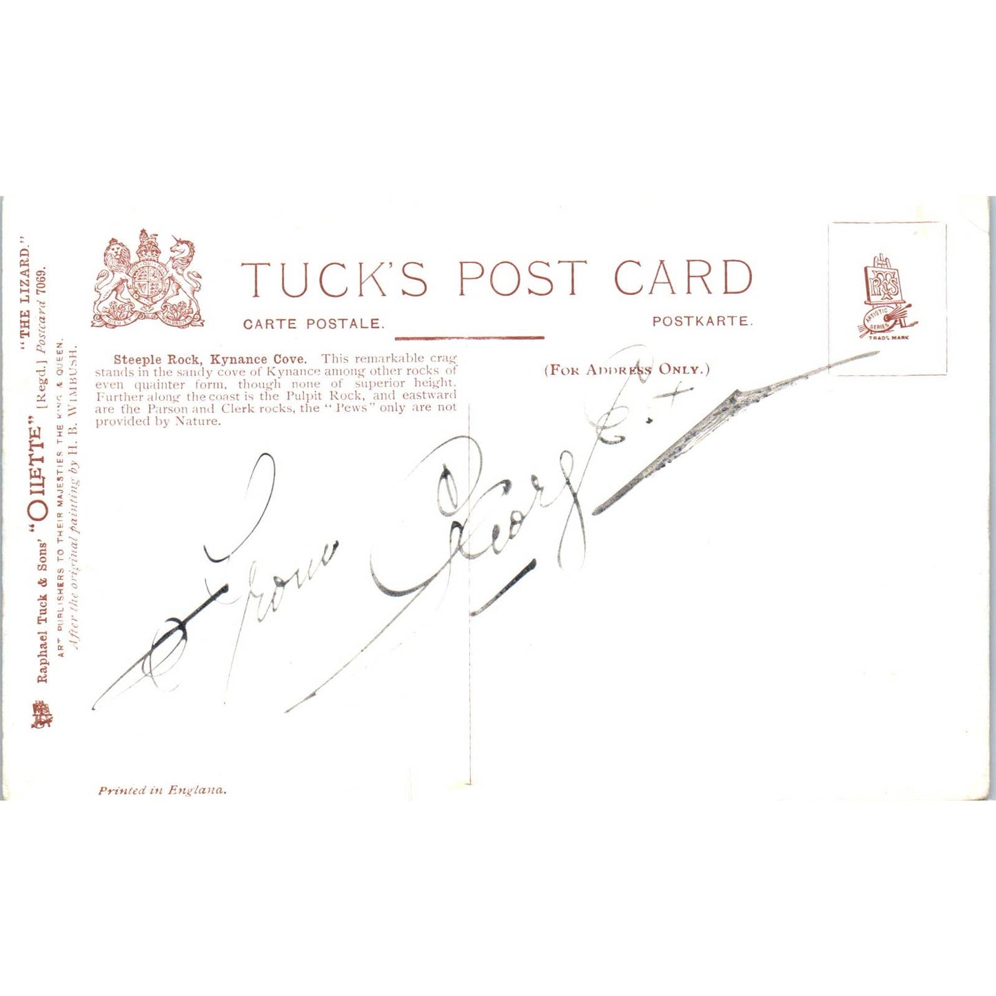 The Lizard Steeple Rock Kynance Cove Raphael Tuck Oilette Postcard TK1-P17