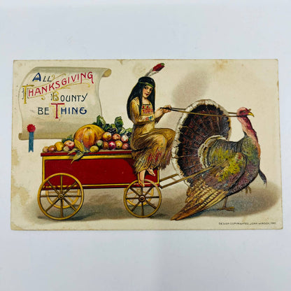 1910s Thanksgiving Post Card Indian Girl Turkey Pulling Cart Embossed Winsch PA3