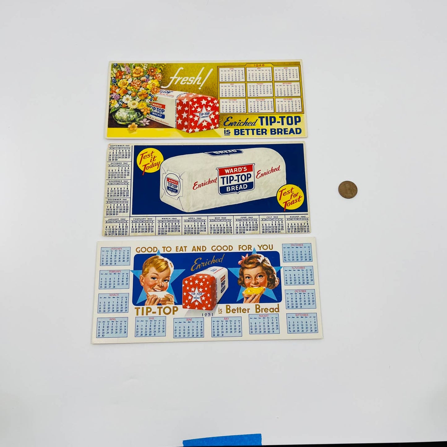 1942, 48, 51 Advertising Blotter Card Wards Tip Top Bread Calendar Set of 3 SC1