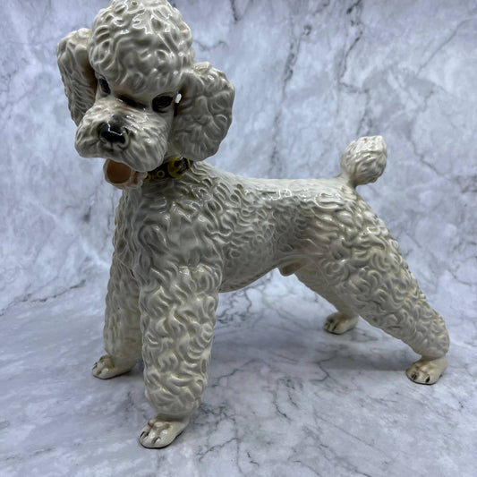 Vintage Large Porcelain Poodle Dog Figurine White w/ Brown Collar 10.5x9.25 TI9