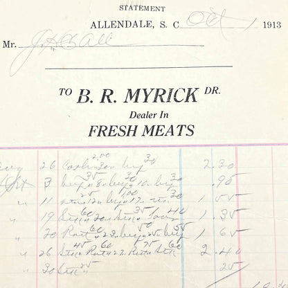 1913 B.R. Myrick Dr. Dealer in Fresh Meats Letterhead Allendale SC AB9