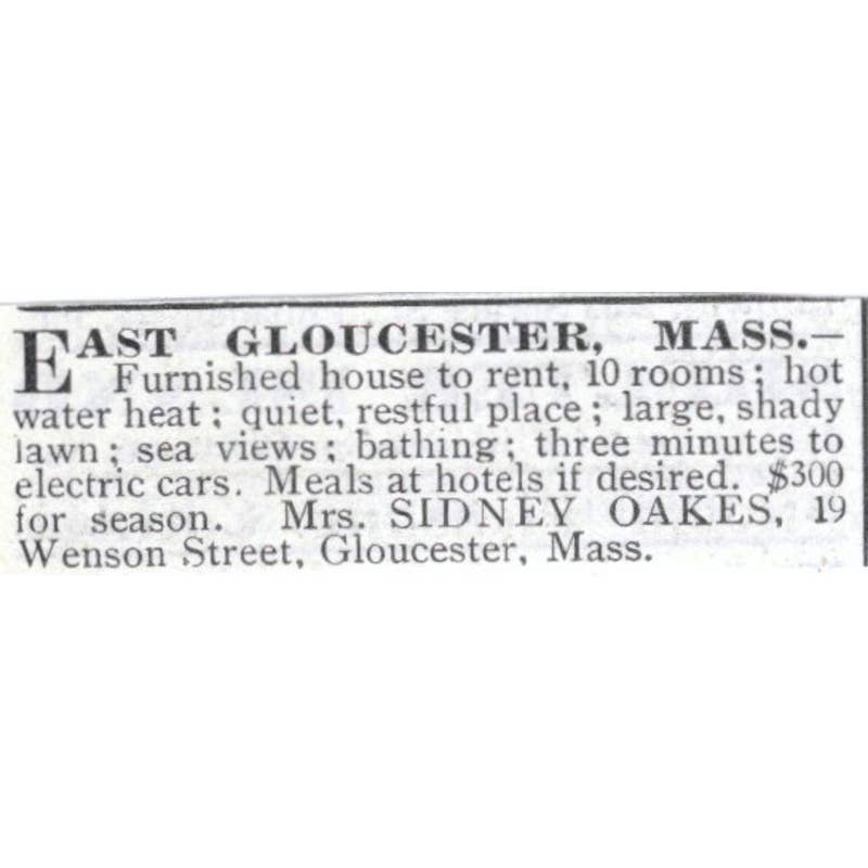 East Gloucester MA House Sidney Oakes Wenson St. - 1903 Original Ad TJ8-7-8