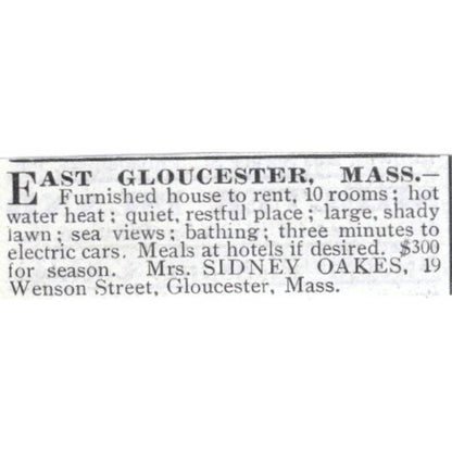 East Gloucester MA House Sidney Oakes Wenson St. - 1903 Original Ad TJ8-7-8