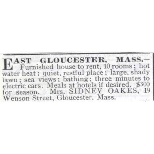 East Gloucester MA House Sidney Oakes Wenson St. - 1903 Original Ad TJ8-7-8