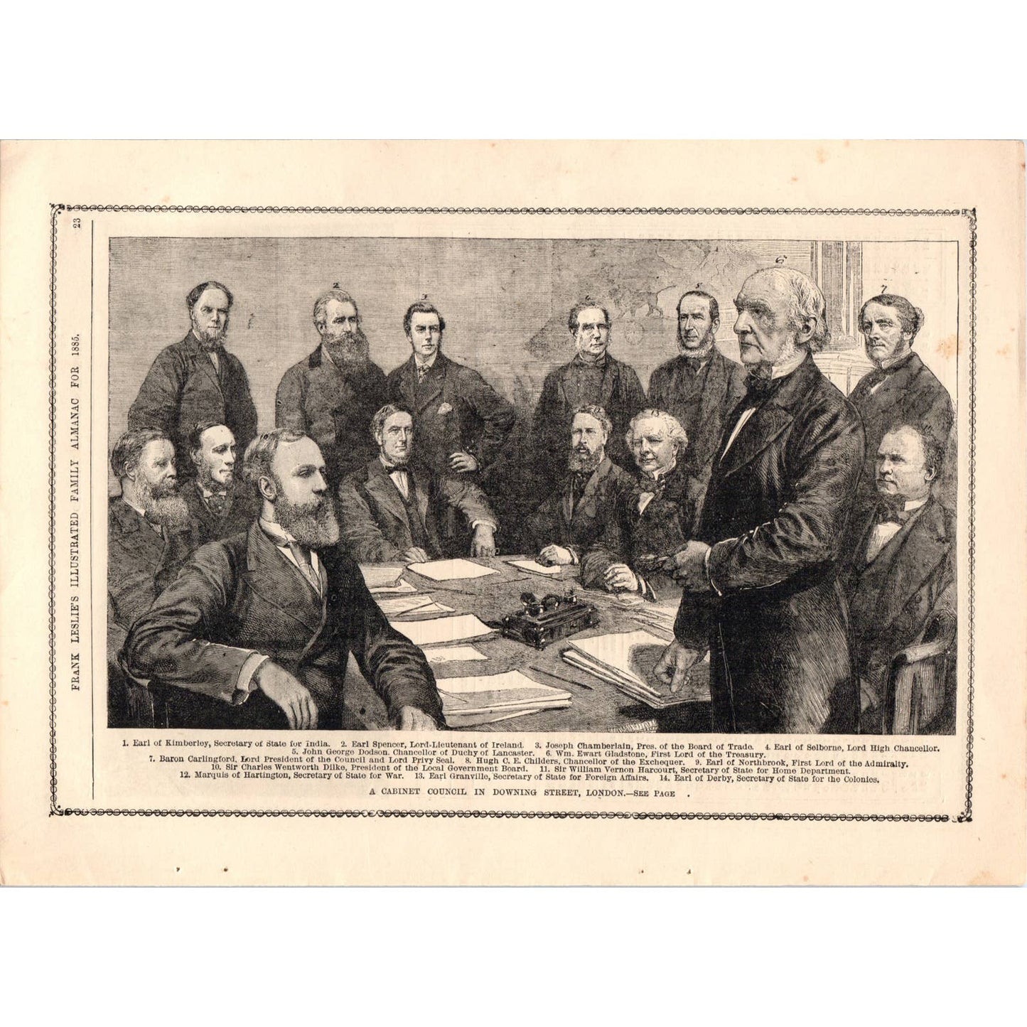 1885 Engraving A Cabinet Council in Downing Street London 7.75x11" AD4