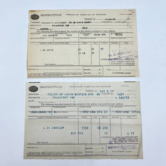1917 Toledo, St. Louis & Western Railroad RR Arrival Notice Lot of 2 AA9