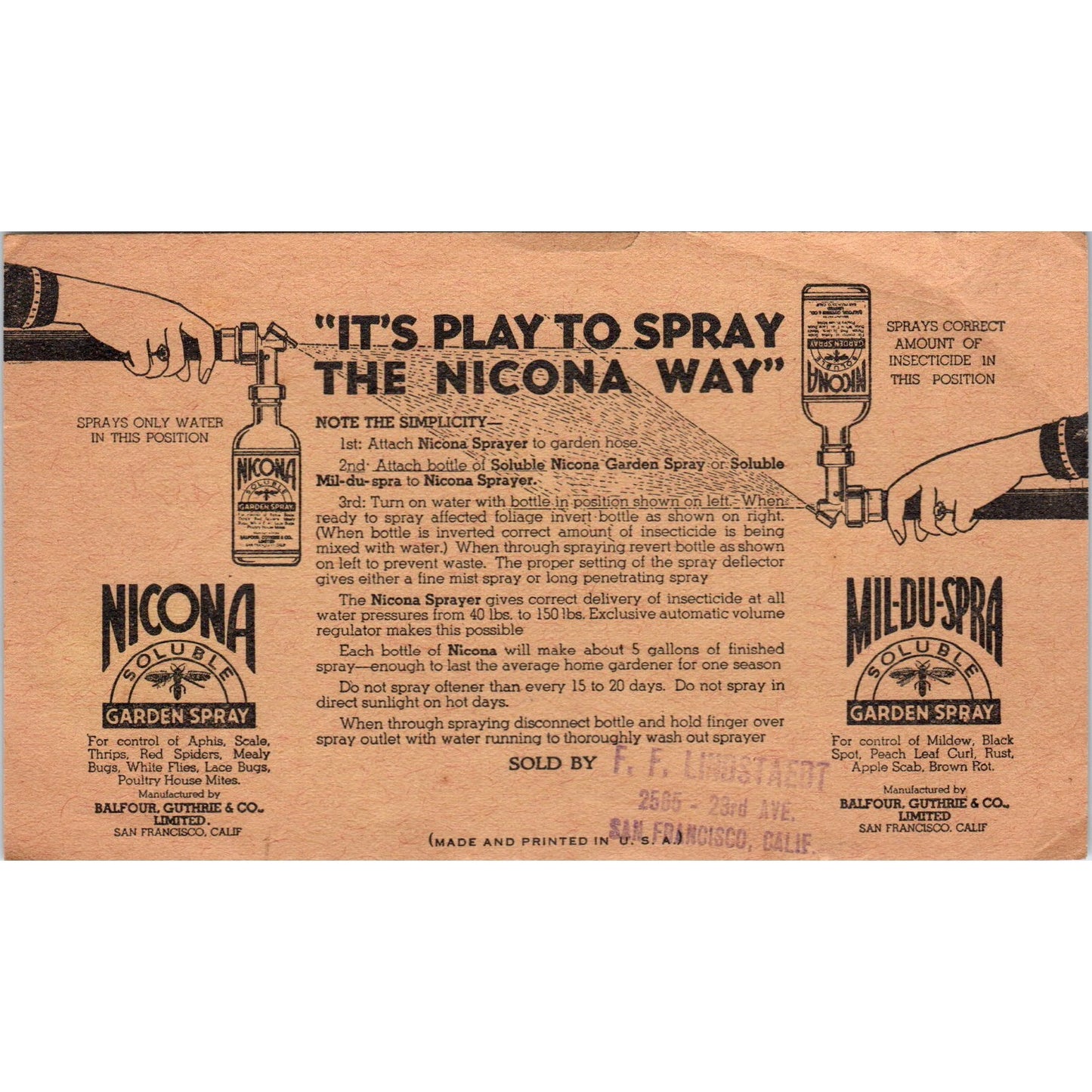 Nicona Soluble Garden Spray Leaflet F.F. Lindstaedt San Francisco CA SE8
