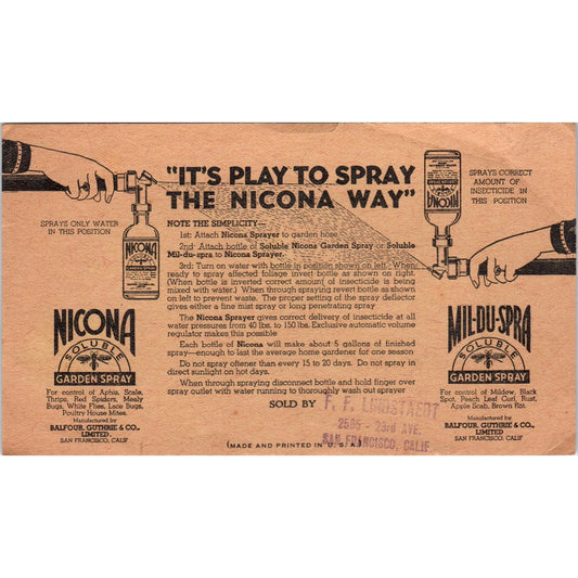 Nicona Soluble Garden Spray Leaflet F.F. Lindstaedt San Francisco CA SE8