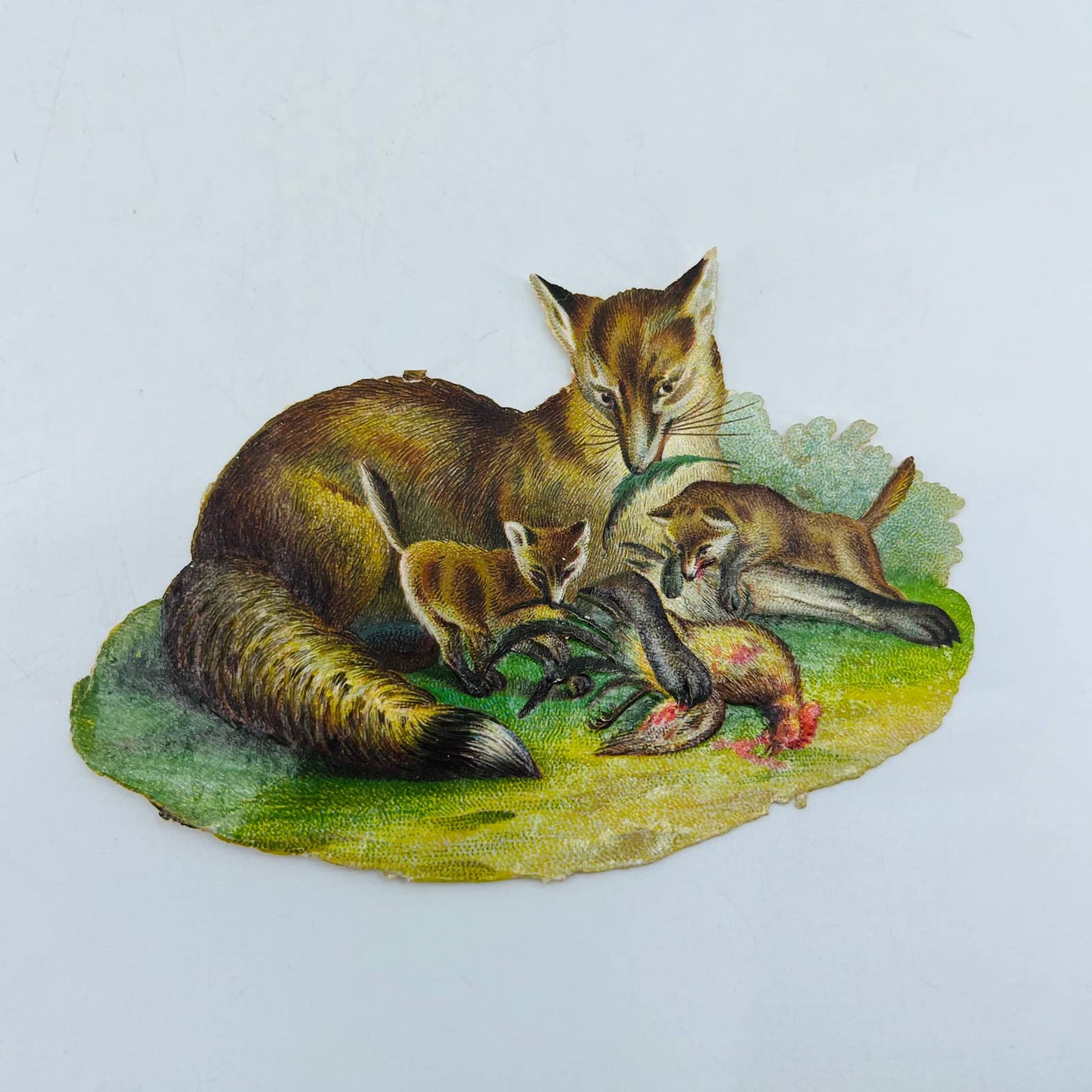 1880s Embossed Victorian Die Cut Fox with 2 Kits and Dead Chicken 3 x 4.5” AA2