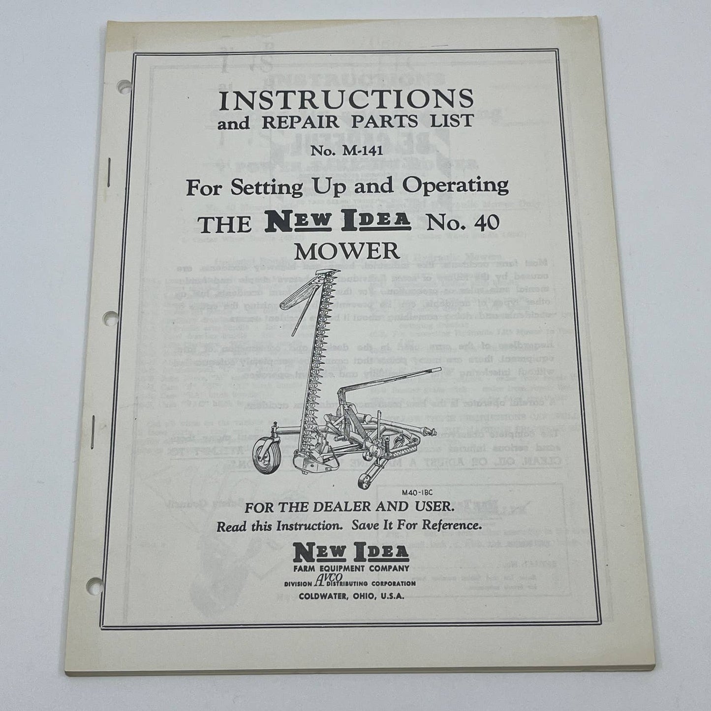 Original 1967 New Idea No. 40 Mower Instructions & Repair Parts List M-141 TB9