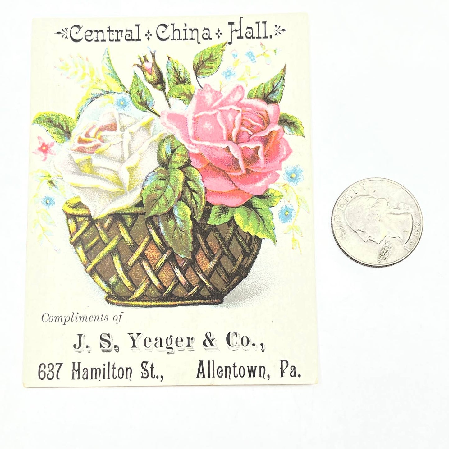 1880s Victorian Trade Card Central China Hall J.S. Yeager & Co Allentown PA AC2