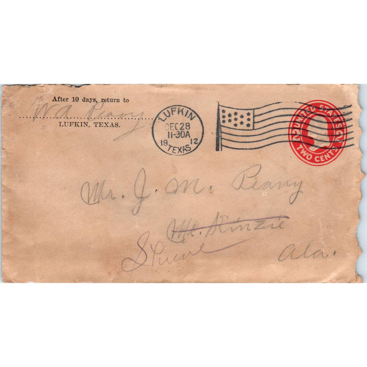 1912 Letter and Envelope W.A. Peavy Lufkin TX to J.M. Peavy Shreve AL AD6