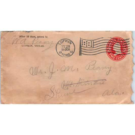1912 Letter and Envelope W.A. Peavy Lufkin TX to J.M. Peavy Shreve AL AD6