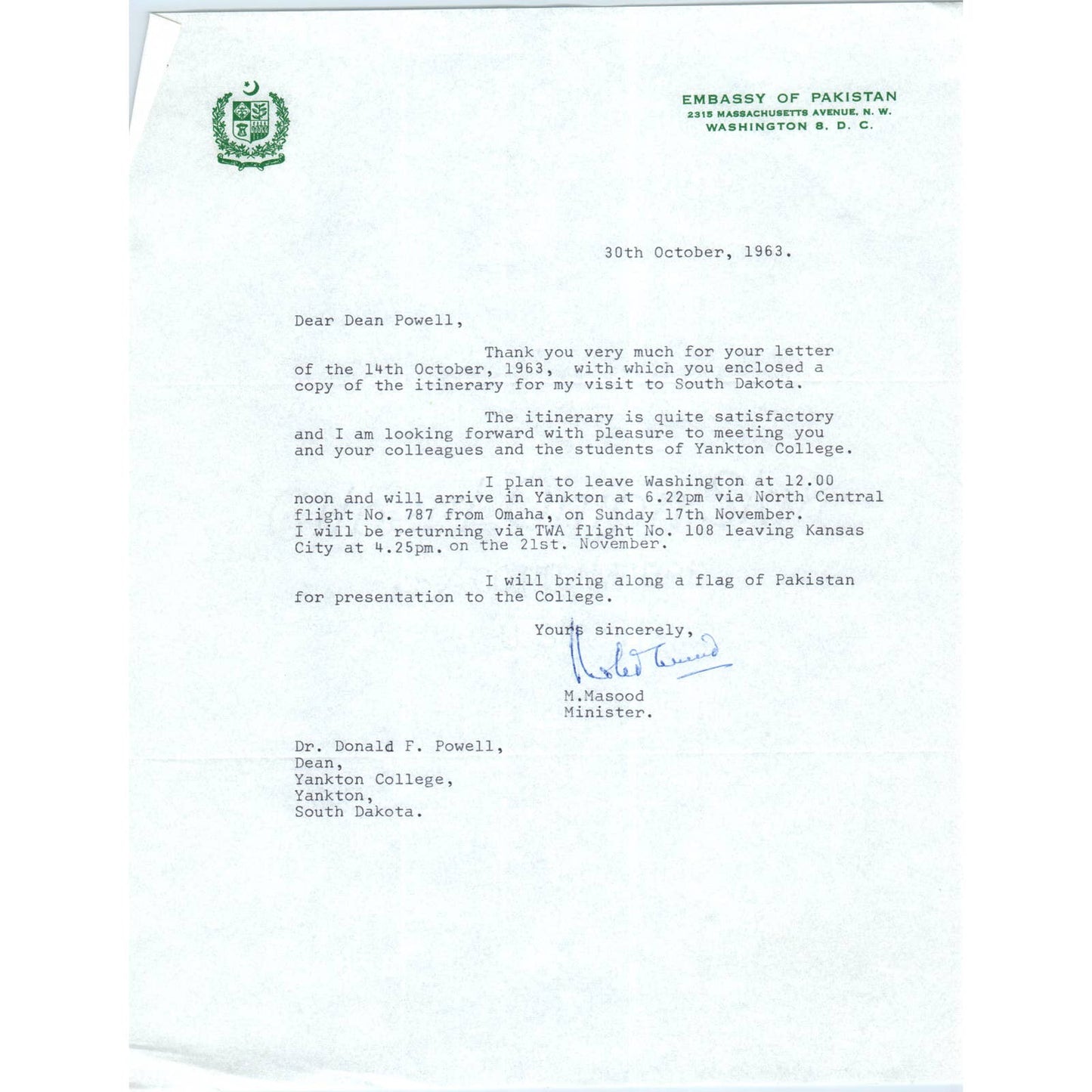 Embassy of Pakistan Official Letterhead Memo M. Masood 1963 TK1-P10